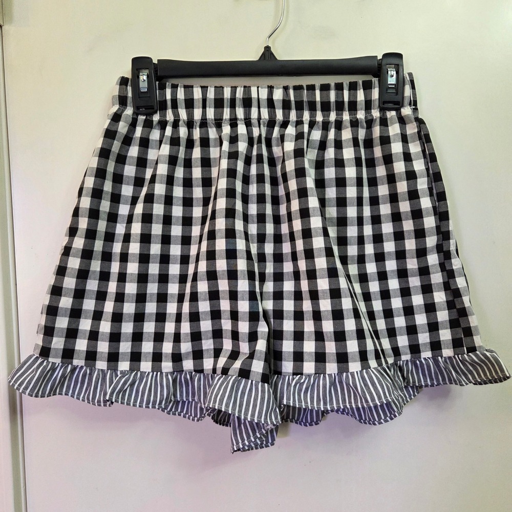 Evaless Womens Gingham Ruffle Hem Shorts Black White Checkered Elastic Waist M